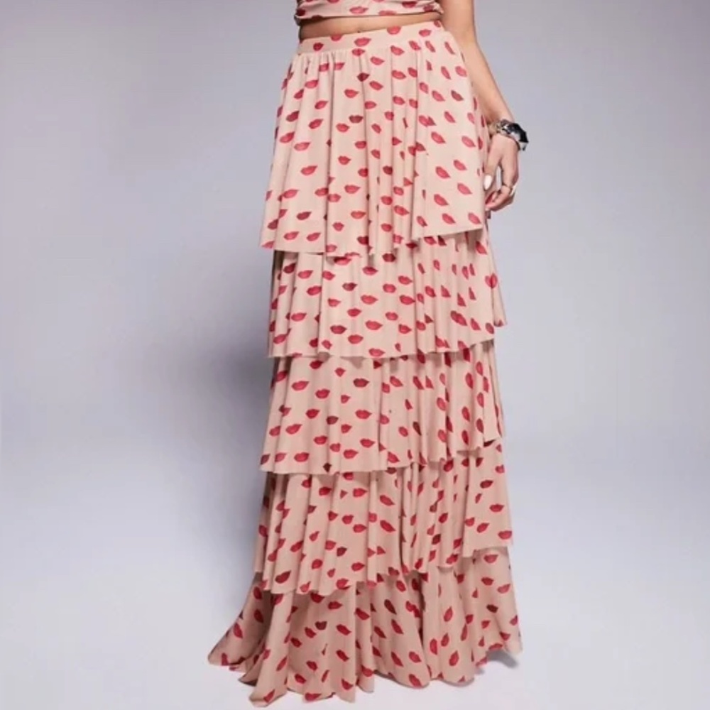 AFRM Pink Tiered Maxi Skirt with Red Lip Print